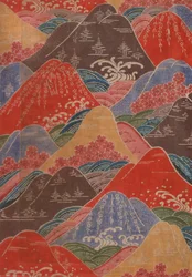 Bingata-Textilfragment: Kirschblüten, Wellen, Bergmotive